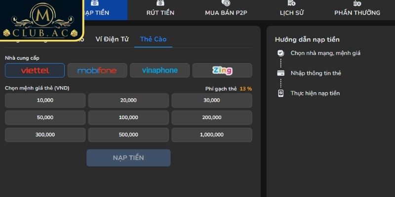 Các phương thức nạp tiền MCLUB
