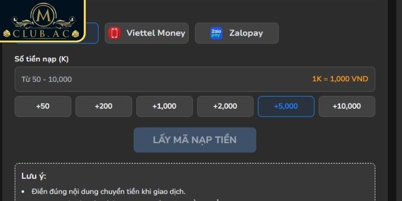 Nạp tiền qua ví điện tử